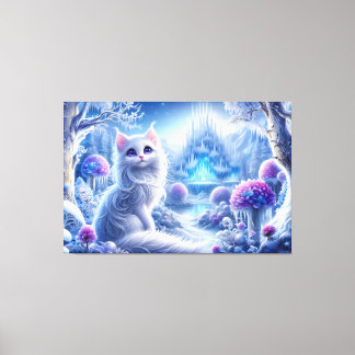 Elegante witte kat in een besneeuwd magisch rijk canvas afdruk