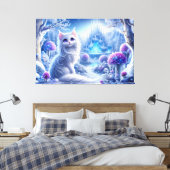 Elegante witte kat in een besneeuwd magisch rijk canvas afdruk (Insitu (Slaapkamer))