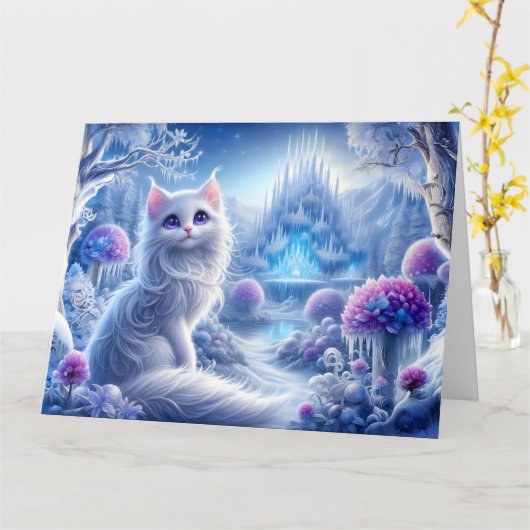 Elegante witte kat in een besneeuwd magisch rijk kaart (Gele Bloem)