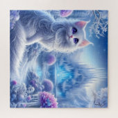 Elegante witte kat in een besneeuwd magisch rijk legpuzzel (Horizontaal)