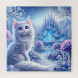 Elegante witte kat in een besneeuwd magisch rijk legpuzzel
