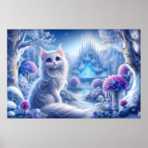 Elegante witte kat in een besneeuwd magisch rijk poster