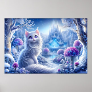 Elegante witte kat in een besneeuwd magisch rijk poster