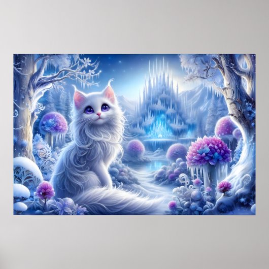 Elegante witte kat in een besneeuwd magisch rijk poster (Voorkant)