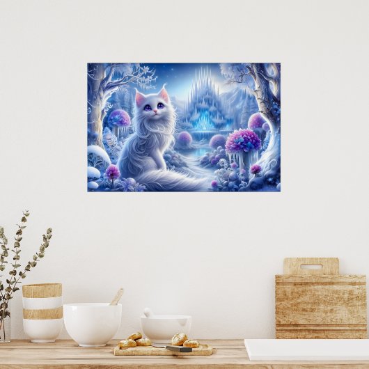 Elegante witte kat in een besneeuwd magisch rijk poster (Keuken)