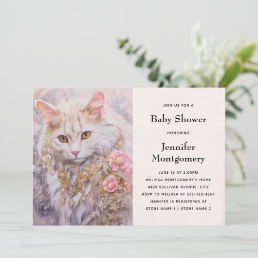 Elegante Witte Kat in Goud en Diamant Baby shower Kaart (Staand voorkant)