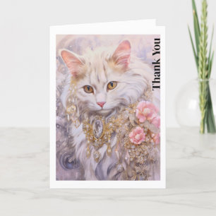 Elegante witte kat in goud en diamanten bedankkaart
