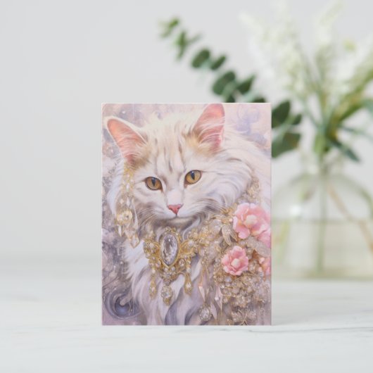 Elegante witte kat in goud en diamanten briefkaart (Staand voorkant)
