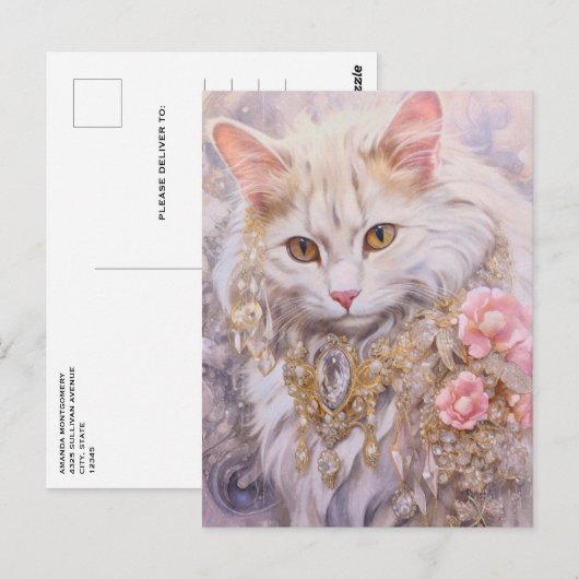 Elegante witte kat in goud en diamanten briefkaart (Voorkant / Achterkant)