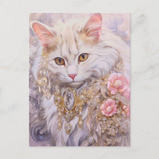 Elegante witte kat in goud en diamanten briefkaart (Voorkant)