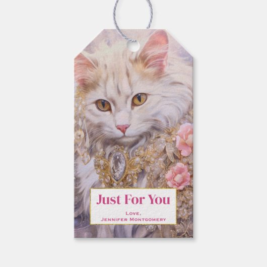 Elegante witte kat in goud en diamanten cadeaulabel (Voorkant)