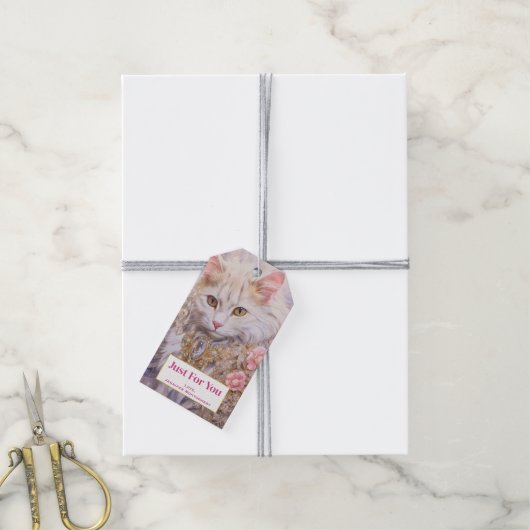 Elegante witte kat in goud en diamanten cadeaulabel (Met Touw)