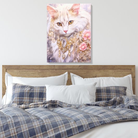 Elegante witte kat in goud en diamanten canvas afdruk (Insitu (Slaapkamer))