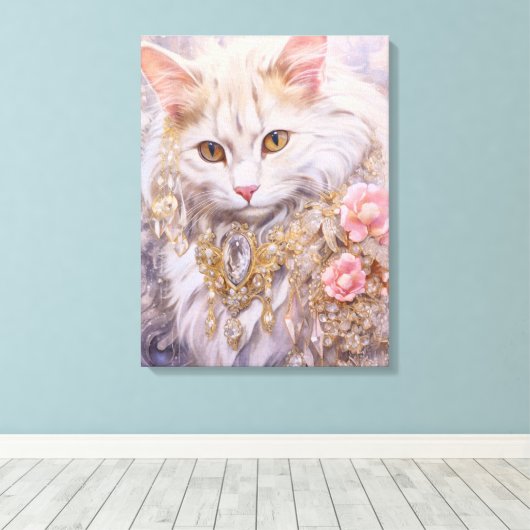 Elegante witte kat in goud en diamanten canvas afdruk (Insitu (Houten vloer))