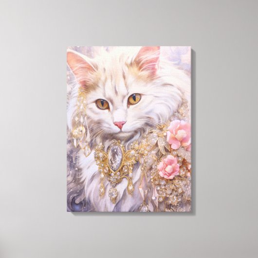 Elegante witte kat in goud en diamanten canvas afdruk (Voorkant)