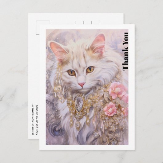 Elegante witte kat in goud en diamanten dank u briefkaart (Voorkant / Achterkant)