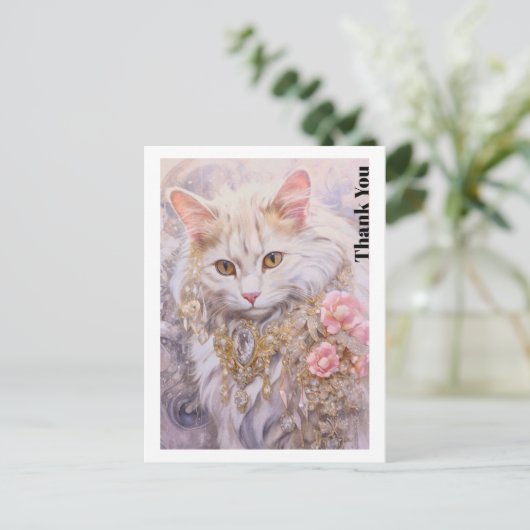 Elegante witte kat in goud en diamanten dank u briefkaart (Staand voorkant)