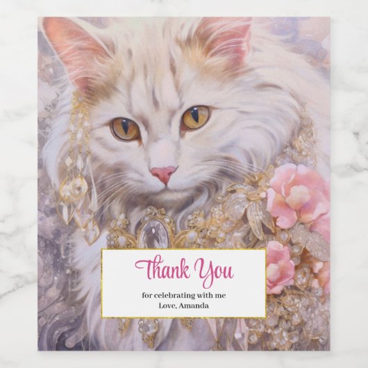 Elegante witte kat in goud en diamanten dank u wijn etiket (Enkel label)