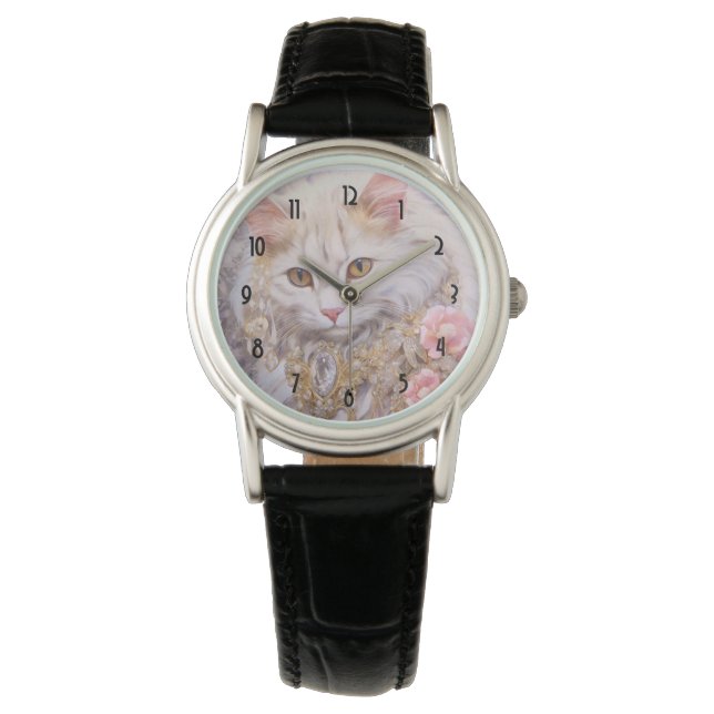 Elegante witte kat in goud en diamanten horloge (Voorkant)