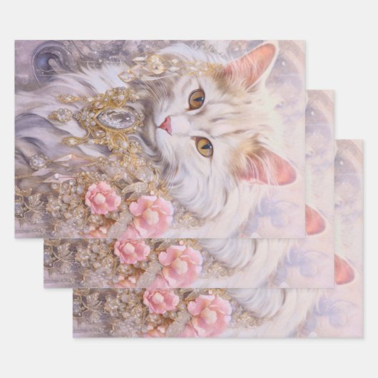 Elegante witte kat in goud en diamanten inpakpapier vel (Set)