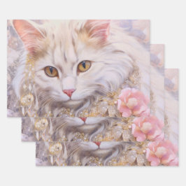 Elegante witte kat in goud en diamanten inpakpapier vel