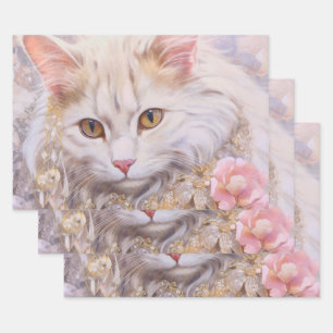 Elegante witte kat in goud en diamanten inpakpapier vel