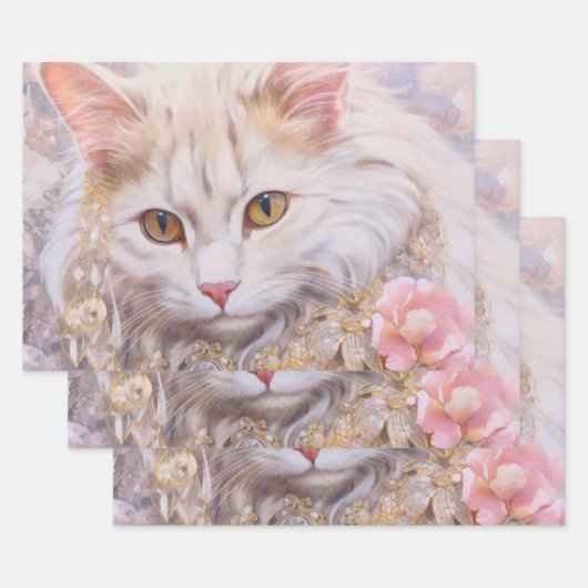 Elegante witte kat in goud en diamanten inpakpapier vel (Set)