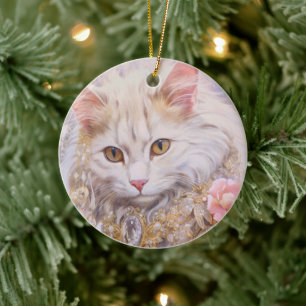 Elegante witte kat in goud en diamanten keramisch ornament