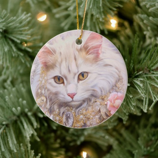 Elegante witte kat in goud en diamanten keramisch ornament (Boom)