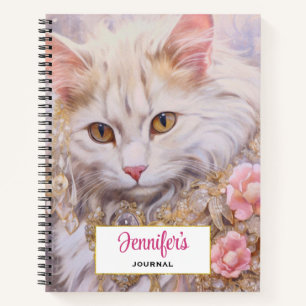 Elegante witte kat in goud en diamanten notitieboek