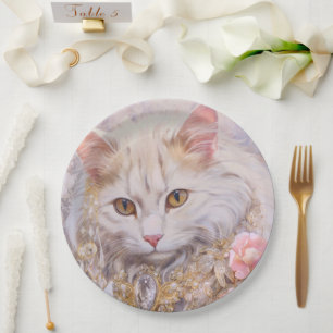 Elegante witte kat in goud en diamanten papieren bordje