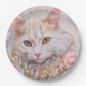 Elegante witte kat in goud en diamanten papieren bordje (Voorkant)