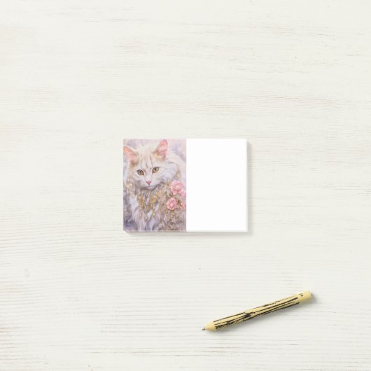 Elegante witte kat in goud en diamanten post-it® notes (Op bureau)