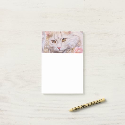 Elegante witte kat in goud en diamanten post-it® notes (Op bureau)