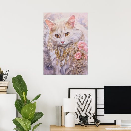 Elegante witte kat in goud en diamanten poster (Thuiskantoor)