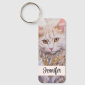 Elegante witte kat in goud en diamanten sleutelhanger (Voorkant)