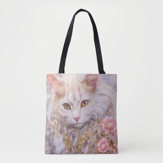 Elegante witte kat in goud en diamanten tote bag (Voorkant)