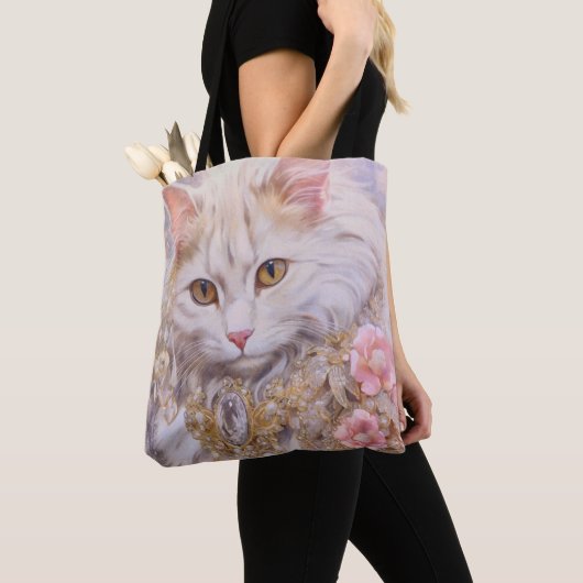 Elegante witte kat in goud en diamanten tote bag (Dichtbij)