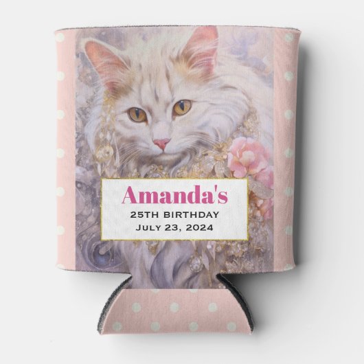 Elegante witte kat in goud en diamanten verjaardag blikjeskoeler (Voorkant)