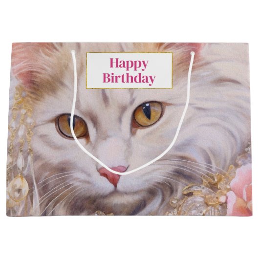 Elegante witte kat in goud en diamanten verjaardag groot cadeauzakje (Voorkant)
