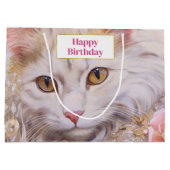 Elegante witte kat in goud en diamanten verjaardag groot cadeauzakje (Achterkant)