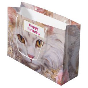 Elegante witte kat in goud en diamanten verjaardag groot cadeauzakje