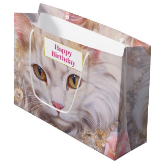 Elegante witte kat in goud en diamanten verjaardag groot cadeauzakje