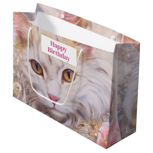 Elegante witte kat in goud en diamanten verjaardag groot cadeauzakje (Voorkant Gekanteld)
