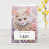 Elegante witte kat in goud en diamanten verjaardag kaart (Gele Bloem)