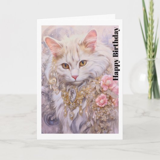Elegante witte kat in goud en diamanten verjaardag kaart (Voorkant)
