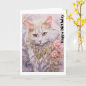 Elegante witte kat in goud en diamanten verjaardag kaart (Gele Bloem)