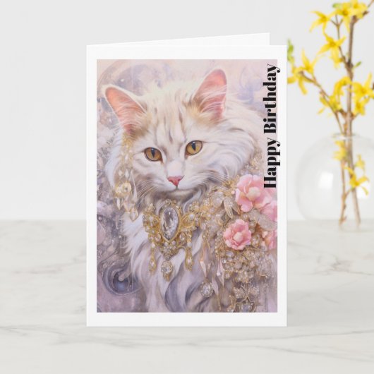 Elegante witte kat in goud en diamanten verjaardag kaart (Gele Bloem)