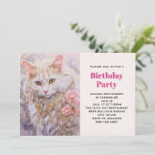 Elegante witte kat in goud en diamanten verjaardag kaart (Staand voorkant)