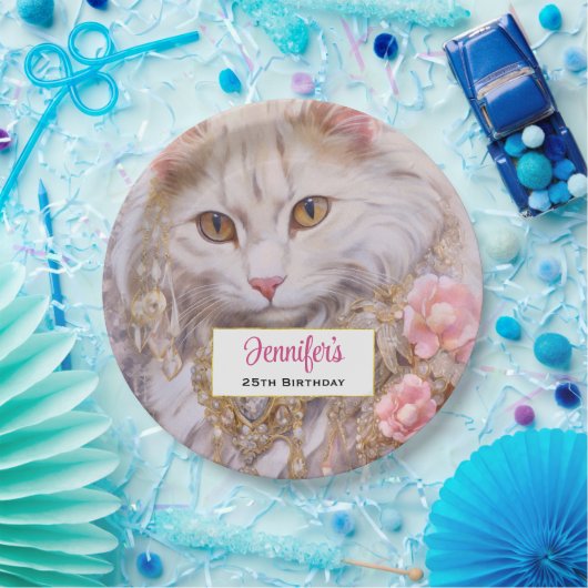 Elegante witte kat in goud en diamanten verjaardag papieren bordje (Feest)